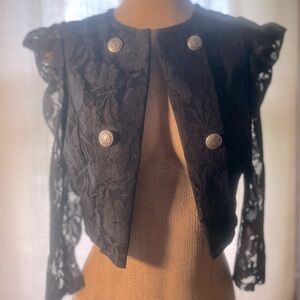 Vintage Black Lace | Open Front | Cropped Blazer |  Size Small